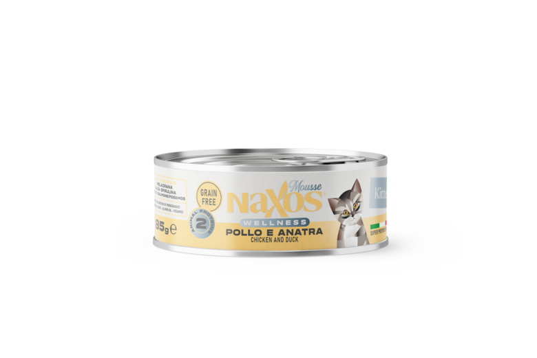Naxos Wellness, Superpremium, Multiproteīnu barība Kaķēniem, bez glutēna, ar cāli un pīli 85 gr.