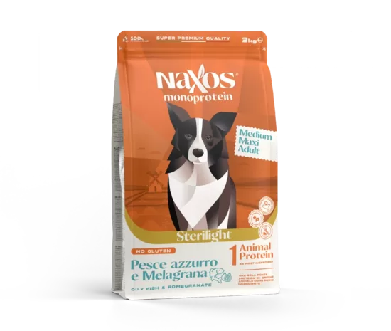 NAXOS STERILIGHT MEDIUM/MAXI Superpremium, monoprotein, glutenfree, barība vidējo un lielo šķirņu sterilizētiem, vai suņiem ar lieko svaru, ar Zivi un granātābolu 3 Kg