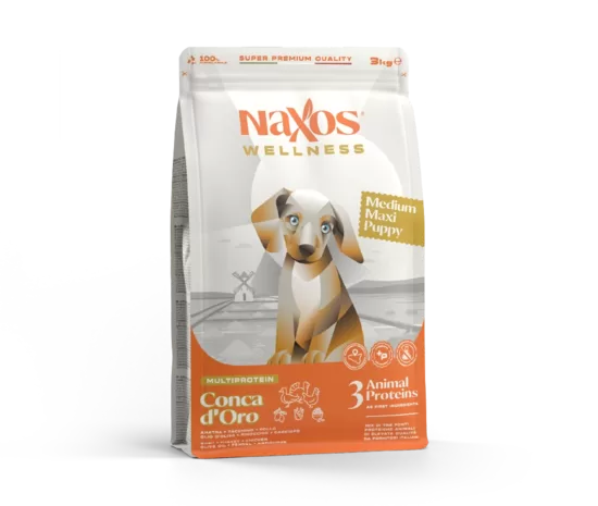 NAXOS MEDIUM/MAXI PUPPY Superprēmium, trīs proteīnu barība, vidējo un lielo šķirņu suņiem ar pīli, tītaru, vistu, olīveļļu, fenheli un artišokiem 3 kg