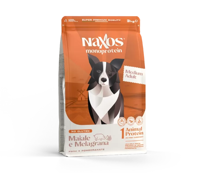 NAXOS ADULT MEDIUM Superpremium, monoprotein, glutenfree, vidējo šķirņu pieaugušo suņu barība ar Cūkgaļu un granātāboliem 3 Kg