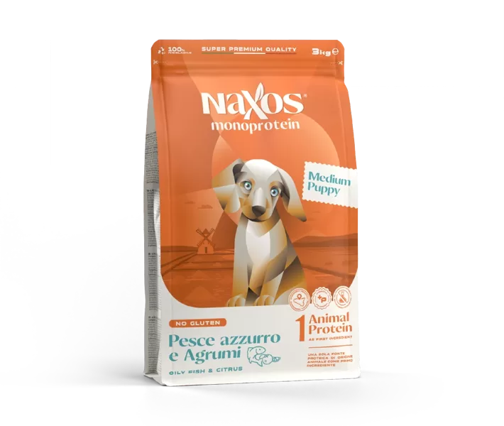 NAXOS PUPPY MEDIUM Superpremium, monoprotein, glutenfree, vidējo šķirņu kucēnu suņu barība ar Zivi un citrusu 12 Kg