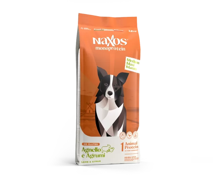 NAXOS ADULT MEDIUM/MAXI Superpremium, monoprotein, glutenfree barība, lielo un vidējo šķirņu suņiem ar Jēru un citrusu 12 Kg