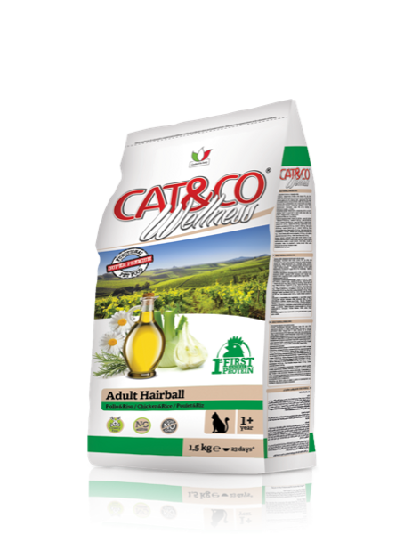 CAT&CO WELLNESS HAIRBALL Pieaugušiem garspalvainiem kaķiem, ar Vistu un rīsiem 1.5 Kg