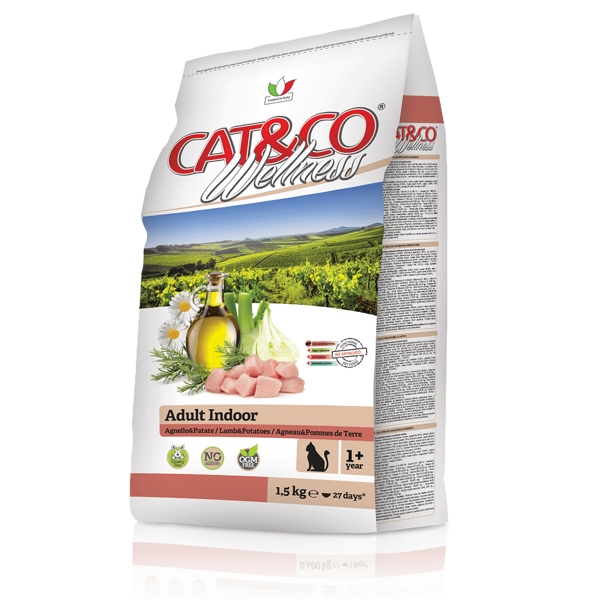 CAT&CO WELLNESS Jēra gaļa un kartupeļi Pieaugušiem iekštelpās dzīvojošiem kaķiem 1.5 Kg