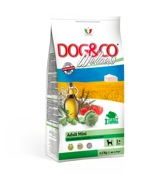 DOG&CO WELLNESS ADULT MINI Superpremium barība, mazo šķirņu pieaugušiem suņiem ar ''Prosciutto'' un rīsiem 0.800 Kg