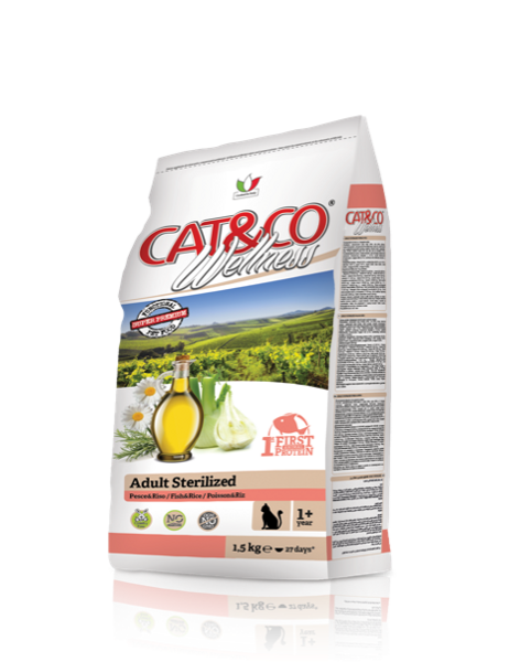 CAT&CO WELLNESS Pieaugušiem sterilizētiem kaķiem ar  Zivi un rīsiem 1.5 Kg