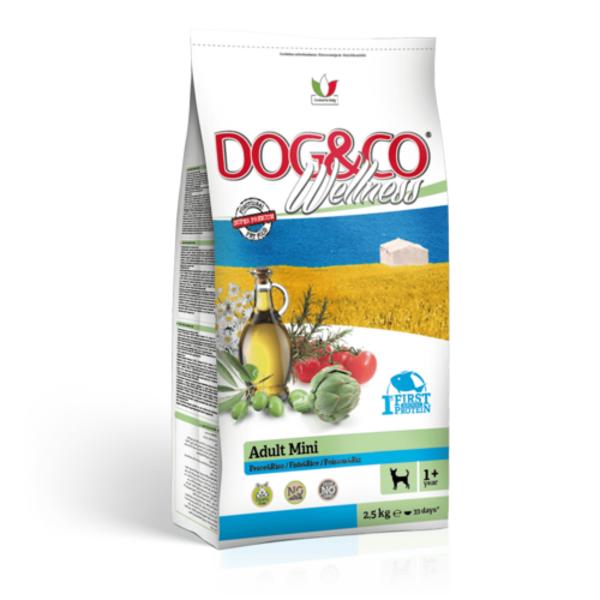 DOG&CO WELLNESS ADULT Superpremium brība, mazo šķirņu pieaugušiem suņie  ar zivi un rīsiem 0.800 Kg